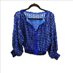 Royal Blue Sequin Wing Blouse Top Banded Waist